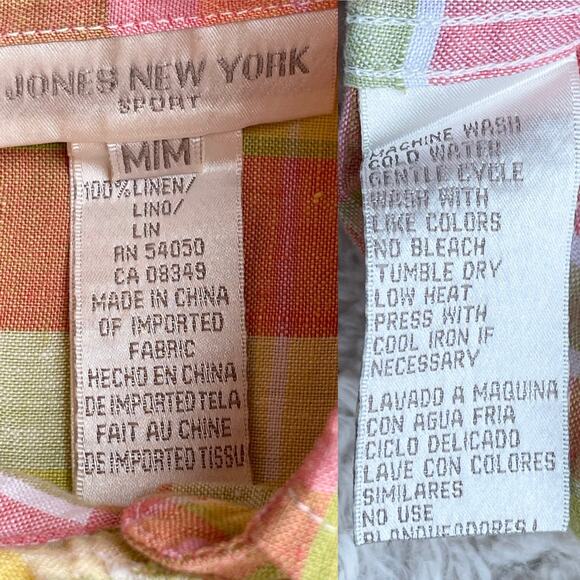 Vintage linen button-down shirt long sleeve plaid blouse watermelon pink green M - Picture 4 of 17